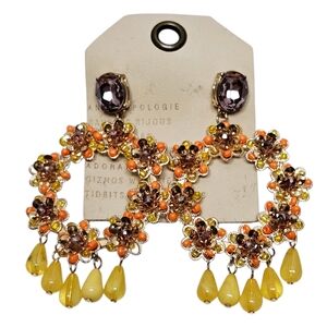 Anthropologie Floral Wreath Gemstone Bead Gold Drop Fashion Statement Earrings